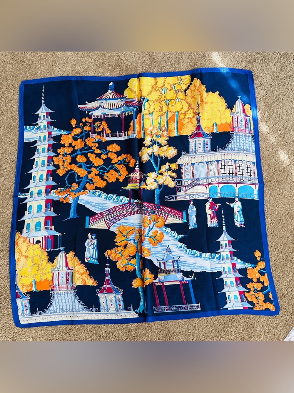 100% Mulberry Silk Scarf with Oriental Pagoda Scene in Navy & Gold